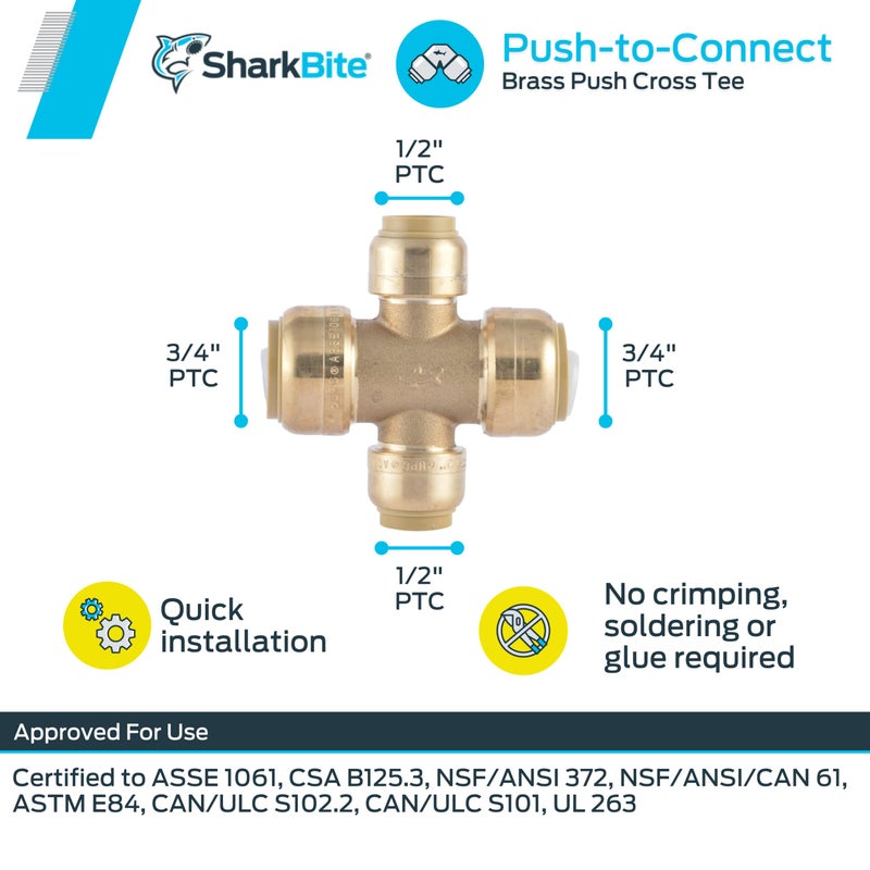 SharkBite 3/4 x 3/4 x 1/2 x 1/2 Inch Cross Tee, Push To Connect Brass Plumbing Fitting, PEX Pipe, Copper, CPVC, PE-RT, HDPE, U380LFA - Image 3